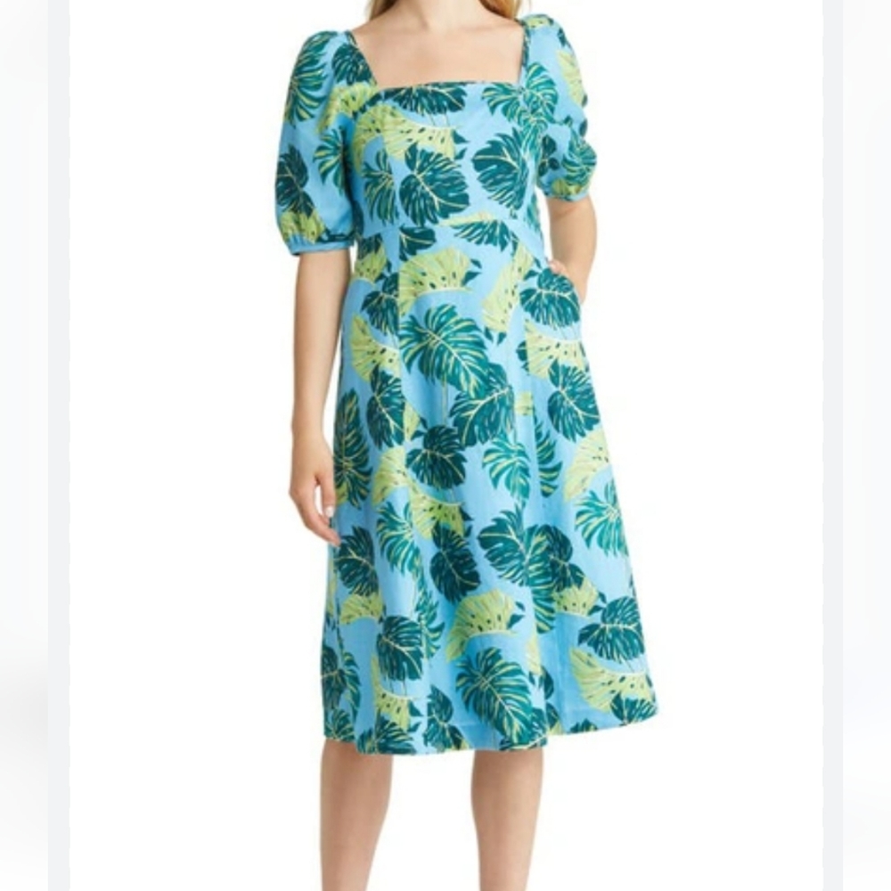 Draper James "June" 100% Linen Tropical Floral Midi Dress Pockets